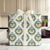 Floral Wreath Damask Gift Wrap, Golden Bells Christmas Wrapping Paper, Elegant Holiday Wrapping Paper, Traditional Seasonal Present Wrap