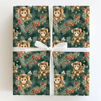 Adorable Animal Holiday Gift Wrap, Watercolor Baby Monkey Christmas Wrapping Paper, Pine Berry Monkey Wrapping Paper, Green Xmas Gift Wrap Roll