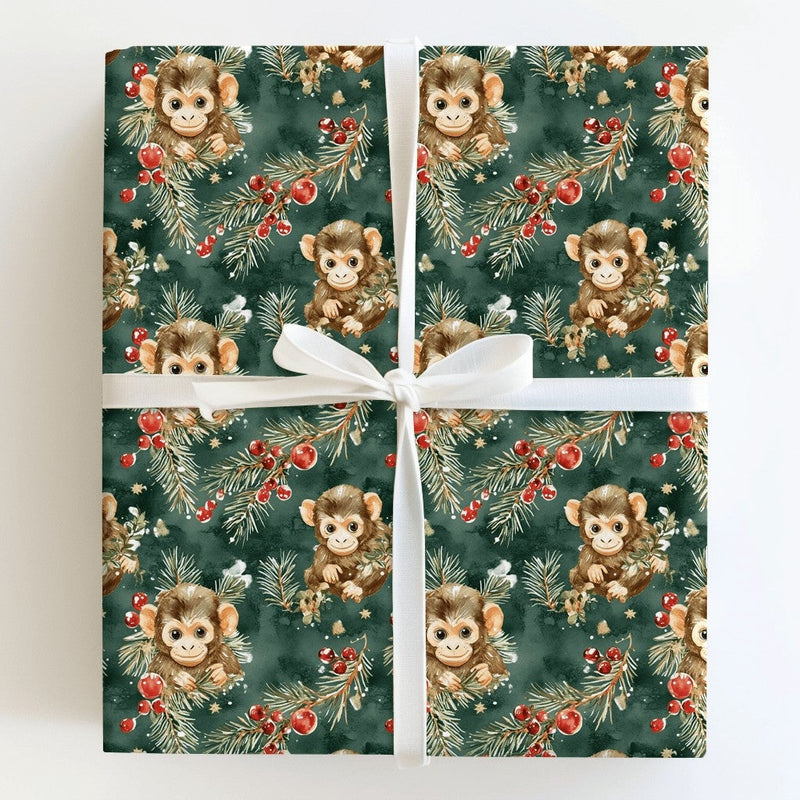 Adorable Animal Holiday Gift Wrap, Watercolor Baby Monkey Christmas Wrapping Paper, Pine Berry Monkey Wrapping Paper, Green Xmas Gift Wrap Roll