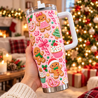 Candy Cane Cookie 40oz Travel Cup, Pink Gingerbread Christmas Tumbler, Pastel Holiday Tumbler with Handle, Adorable Xmas Tumbler Present