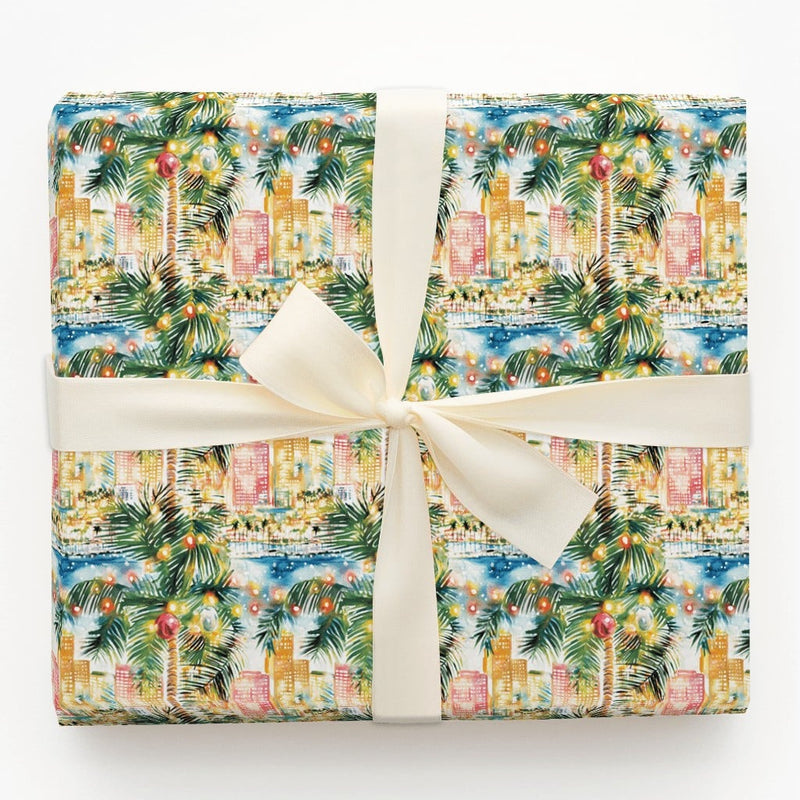 Beach City Skyline Gift Wrap, Tropical Christmas Wrapping Paper, Coastal Holiday Gift Wrapping Paper, Palm Tree Present Wrap, Holiday Wrap