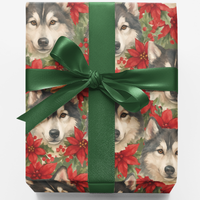 Winter Floral Gift Wrap, Husky Dog Christmas Wrapping Paper, Poinsettia Wolf Holiday Wrapping Paper, Dog Lover Festive Gift Wrap Roll
