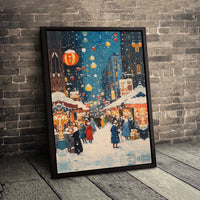 Impressionist Winter Village Canvas Print, Snowy Christmas Market Canvas Wall Art, Comfy Holiday Canvas Decor, Digital Download Art