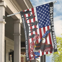 250 Years of Freedom House Flag | American Eagle & Military Silhouette Design | Premium Weather-Resistant Polyester | Patriotic Gift for Veterans