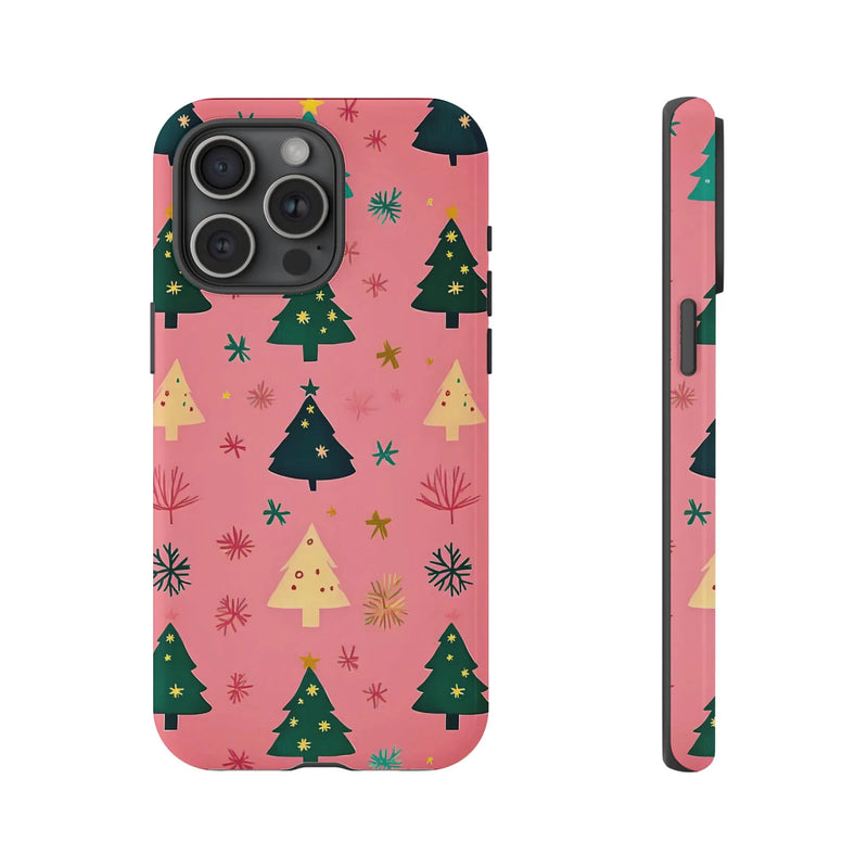 Whimsical Holiday Snowflake Pattern Case, Pink Christmas Tree Phone Case for iPhone, Girly Xmas Tough Phone Cover, Festive Present