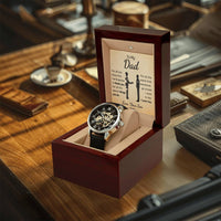 Openwork Mechanical Timepiece, Dad Automatic Skeleton Watch, Genuine Leather Band Dad Watch, LED Mahogany Box Christmas Present for Him