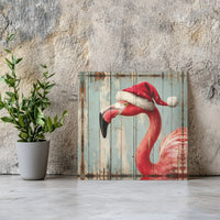 Rustic Wood Tropical Holiday Canvas Wall Art, Christmas Santa Hat Flamingo Canvas Art, Coastal Xmas Print, Pink Flamingo Lover Decor