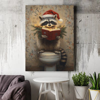 Humorous Toilet Reading Raccoon Canvas Print, Christmas Raccoon Canvas Art, Quirky Holiday Wall Art, Adorable Animal Bathroom Wall Decor Present