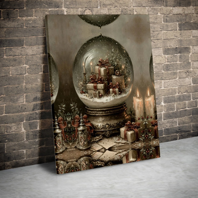 Festive Presents Candles Canvas Print, Vintage Christmas Snow Globe Canvas Wall Art, Holiday Seasonal Canvas, Digital Download Present
