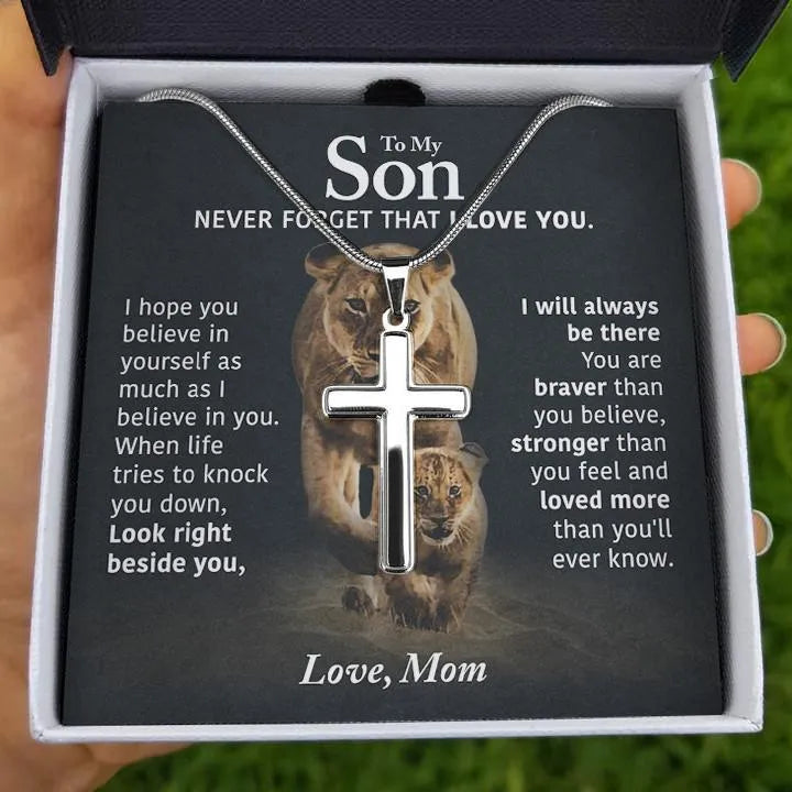 Stainless Steel Cross Necklace, Lion Cross Necklace for Son, Inspirational Faith Cross Necklace, Son Birthday Christmas Present from Mom