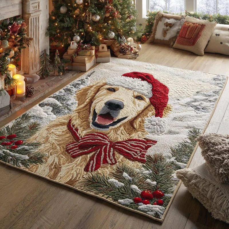 Holiday Dog Portrait Area Rug, Christmas Golden Retriever Area Rug, Pine Branch Winter Floor Rug, Comfy Puppy Flannel Accent Rug