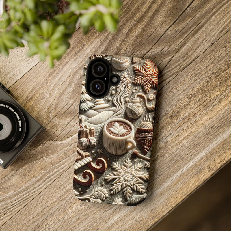 3D Relief Winter Cup iPhone Case, Snowflake Coffee Latte Phone Case, Comfy Christmas Beverage Tough Phone Cover, Coffee Lover Present