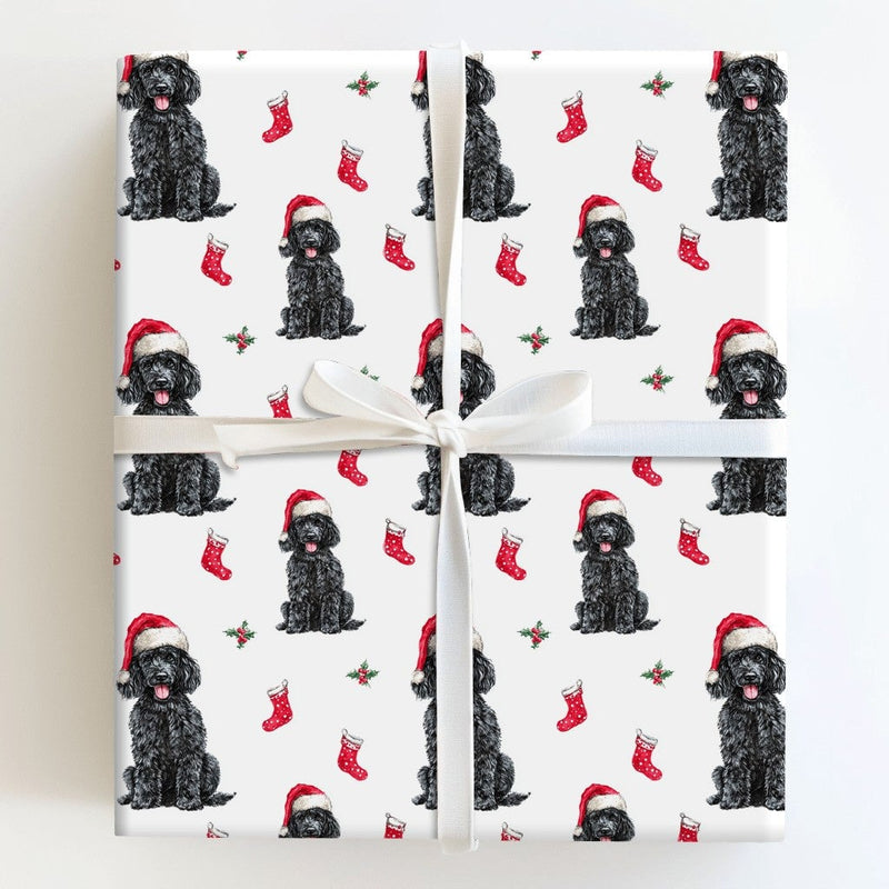 Dog Santa Hat Gift Wrap, Black Poodle Christmas Wrapping Paper, Holiday Puppy Wrapping Paper Roll, Pet Lover Xmas Gift Wrap Roll