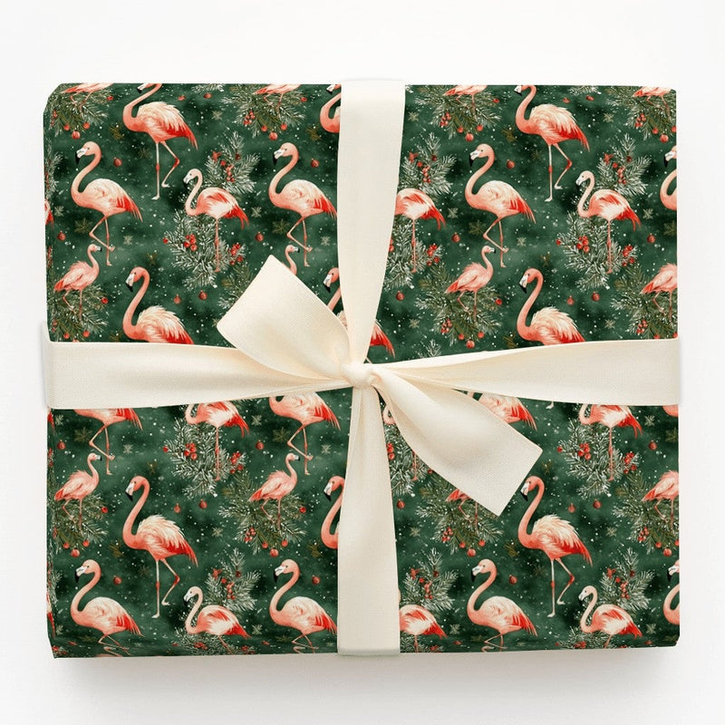 Snowy Pine Red Berry Gift Wrap, Pink Flamingo Christmas Wrapping Paper, Tropical Holiday Wrapping Paper, Coastal Winter Gift Wrap Roll