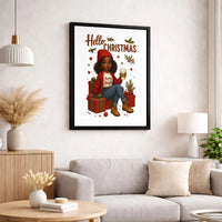 Comfy Coffee Holiday Canvas Print, Hello Christmas Black Girl Canvas Wall Art, Festive Winter Woman Canvas Decor, Xmas Present