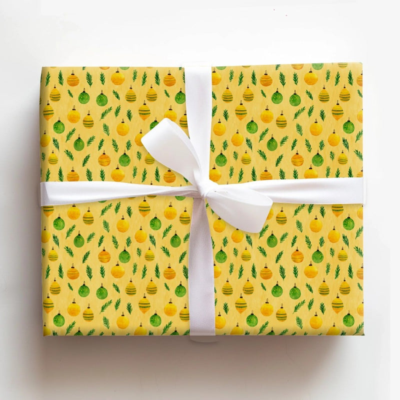 Holiday Pine Sprigs Gift Wrap, Watercolor Christmas Ornaments Wrapping Paper, Festive Xmas Wrapping Paper, Winter Botanical Gift Wrap Roll