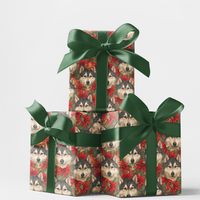 Winter Floral Gift Wrap, Husky Dog Christmas Wrapping Paper, Poinsettia Wolf Holiday Wrapping Paper, Dog Lover Festive Gift Wrap Roll