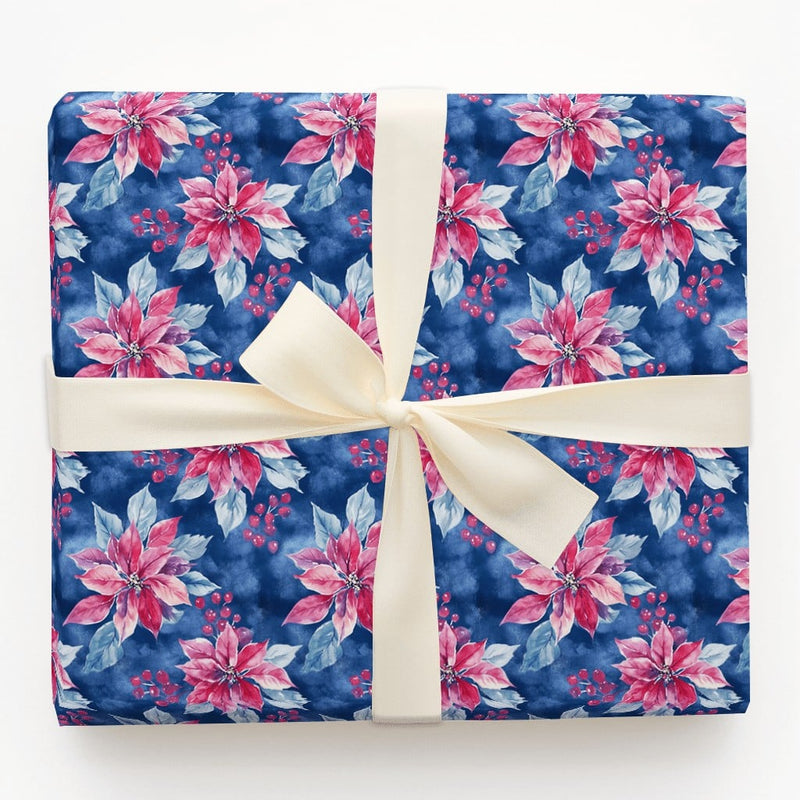Watercolor Floral Holiday Gift Wrap, Pink Poinsettia Christmas Wrapping Paper, Winter Botanical Wrapping Paper, Elegant Navy Blue Present Paper