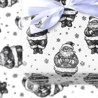 Black and White Christmas Gift Wrap Roll, Vintage Santa Wrapping Paper, Retro Santa Snowflake Present Paper, Holiday Sketch Gift Wrap Roll