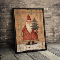 Vintage Christmas Tree Painting, Folk Art Santa Claus Canvas, Rustic Holiday Canvas Wall Art, Winter Farmhouse Wall Decor, Xmas Canvas Art