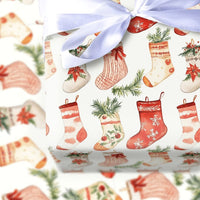 Watercolor Festive Holiday Gift Wrap, Christmas Stocking Wrapping Paper, Adorable Winter Xmas Wrapping Paper, Family Holiday Gift Wrapping Paper