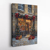 Snowy Winter Village Street Scene Painting, Christmas Toy Shop Canvas Art, Comfy Holiday Home Decor, Digital Download, Xmas Wall Print Present