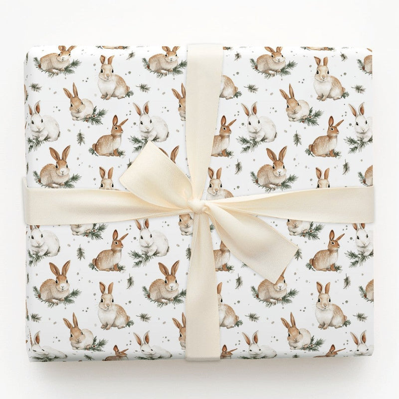 Adorable Winter Bunny Gift Wrap, Watercolor Rabbit Wrapping Paper, Pine Sprig Holiday Wrapping Paper, Nature Lover Christmas Present Wrap Roll