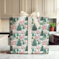 Watercolor Holiday Gift Wrap, Pastel Winter Village Christmas Wrapping Paper, Pink Green Christmas Tree Wrap, Comfy Snowy Village Present Paper