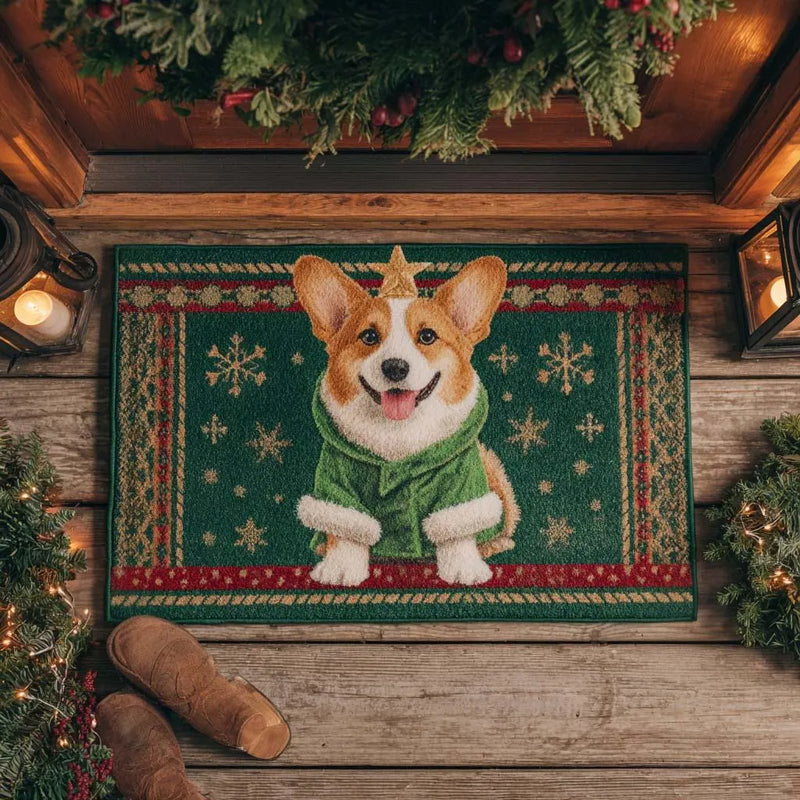 Adorable Holiday Dog Welcome Mat, Starry Christmas Corgi Doormat, Winter Festive Entryway Mat, Non Slip Corgi Lover Door Mat, Pet Xmas Present