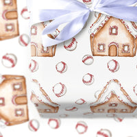 Sports Holiday Gift Wrap, Baseball Gingerbread Christmas Wrapping Paper, Baseball House Wrapping Paper Roll, Xmas Baseball Fan Gift Wrap