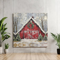 Snowy Winter Farmhouse Painting Print, Red Barn Christmas Canvas Wall Art, Digital Download Rustic Holiday Decor, Country Xmas Poster