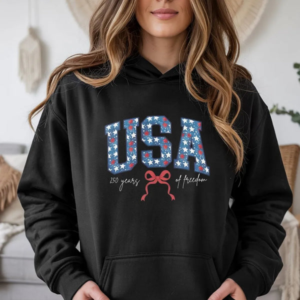 USA 250 Years of Freedom Hoodie | Patriotic Star-Filed Varsity Lettering with Coquette Bow | Soft Cotton-Blend Pullover | Gift for America 250th Aniversary