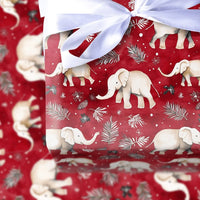 Festive Red Elephant Gift Wrap, Watercolor White Elephant Wrapping Paper, Christmas Elephant Wrapping Paper, Winter Botanical Present Wrap