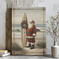 Vintage Surfing Santa Print, Coastal Santa Claus Canvas Wall Art, Tropical Christmas Canvas, Beach Holiday Decor, Surfer Santa Canvas Present