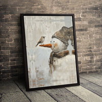 Winter Wonderland Wall Art, Snowman with Bird Canvas Print, Whimsical Holiday Canvas Art, Christmas Snowman Wall Decor, Winter Season Present
