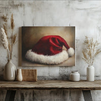 Rustic Vintage Christmas Canvas Print, Santa Hat Oil Painting Wall Art, Holiday Santa Wall Decor, Festive Xmas Season Canvas Poster