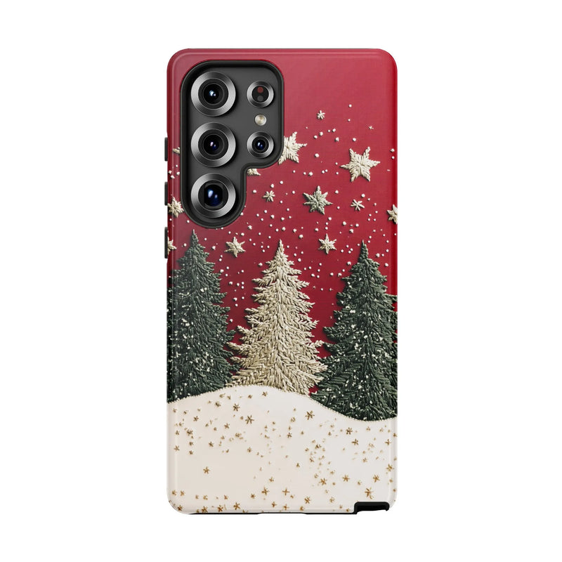 Snowy Pine Forest Red Phone Case, Christmas Winter Phone Case Samsung Galaxy, Holiday Trees Tough Phone Cover, Festive Xmas Present for Her