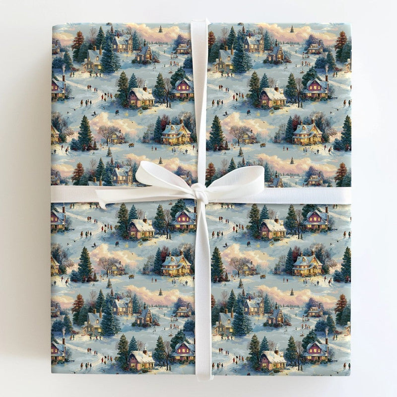Snowy Christmas Wrapping Paper, Winter Village Wrapping Paper, Comfy Winter Town Gift Wrap, Nostalgic Holiday Wrapping Paper Roll