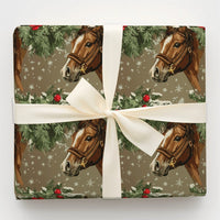 Pine Boughs Holiday Gift Wrap, Equestrian Horse Christmas Wrapping Paper, Winter Horse Wrapping Paper, Rustic Holiday Animal Wrapping Paper