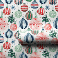 Festive Holiday Ornament Gift Wrap, Watercolor Christmas Wrapping Paper, Pine Botanical Xmas Wrapping Paper Roll, Seasonal Present Wrap