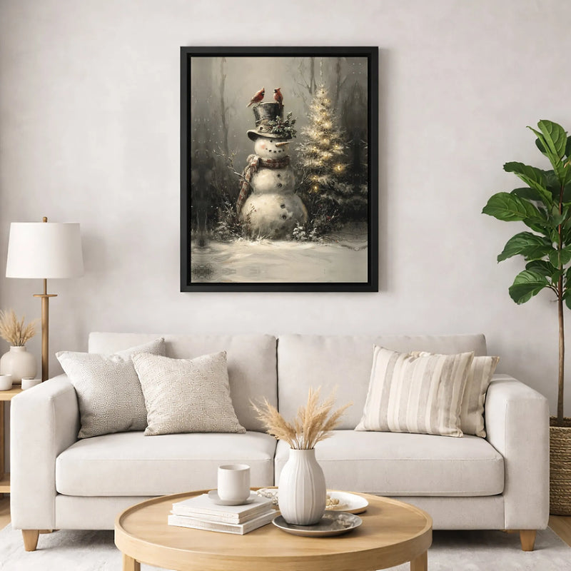 Winter Cardinals Christmas Canvas Print, Vintage Snowman Canvas Wall Art, Rustic Holiday Snowman Canvas Decor, Seasonal Winter Wall Art Present