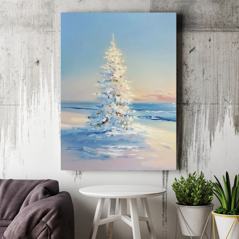 Snowy Winter Landscape Canvas, White Christmas Tree Canvas Print, Holiday Christmas Tree Wall Art, Impressionist Christmas Tree Canvas