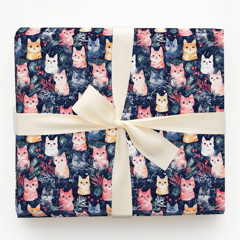Watercolor Kitten Gift Wrap, Christmas Cat Wrapping Paper, Festive Holiday Wrapping Paper, Navy Winter Gift Wrap, Cat Lover Present Wrap