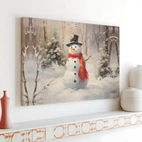 Red Scarf Forest Scene Print, Winter Snowman Canvas Wall Art, Christmas Holiday Canvas Wall Decor, Printable Digital Download Artwork