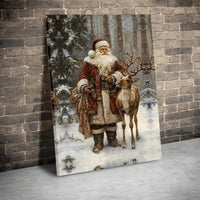 Traditional Christmas Forest Canvas Print, Vintage Santa Claus Canvas Wall Art, Rustic Holiday Santa Canvas, Winter Seasonal Wall Decor Present