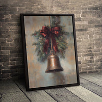 Rustic Pine Bough Holiday Canvas Print, Vintage Christmas Bell Canvas Wall Art, Red Bow Winter Canvas, Festive Christmas Wall Decor