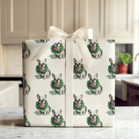 Puppy Wreath Holiday Gift Wrap, French Bulldog Christmas Wrapping Paper, Frenchie Dog Xmas Wrapping Paper