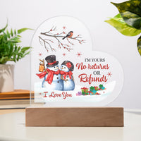I Love You LED Heart Plaque, Snowman Couple Heart Plaque, Acrylic Christmas Heart Plaque, Holiday Couple Desk Light, Romantic Xmas Keepsake