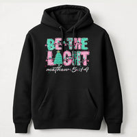 14 Hoodie, Be the Light Matthew 5, Christian Christmas Hooded Sweatshirt, Pink Green Plaid Holiday Pullover, Faith Present for Her