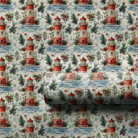 Coastal Holly Holiday Gift Wrap, Lighthouse Christmas Wrapping Paper, Nautical Pine Wrapping Paper, Beach Ocean Winter Gift Wrapping Paper